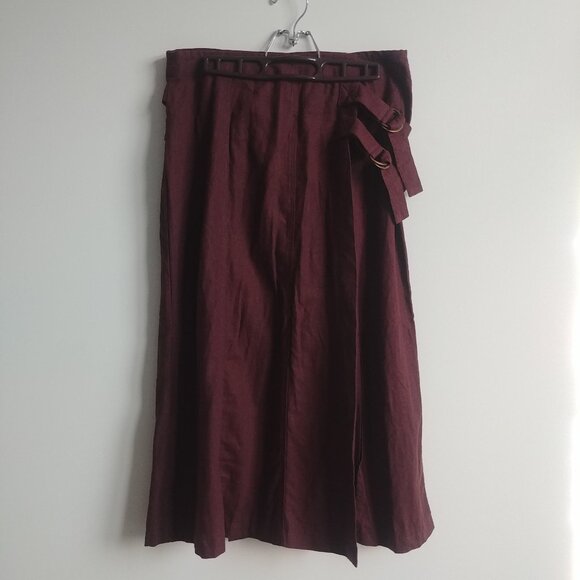 Studio Point linen blend chocolate brown wrap style midi skirt front slit 10 - Picture 1 of 15